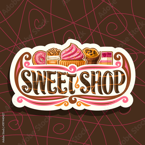 Vector logo for Sweet Shop, cut paper vintage signboard for gourmet confectionery, 5 pink choux pastry desserts with cream, original brush typeface for words sweet shop, label for french patisserie.