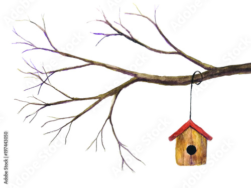 Obraz na plátne watercolor birdhouse hanging on branch