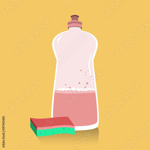 Bottle of dish detergent and kitchen sponge. Dish washing and household chore concept. Isolated on yellow background. Vector illustration
