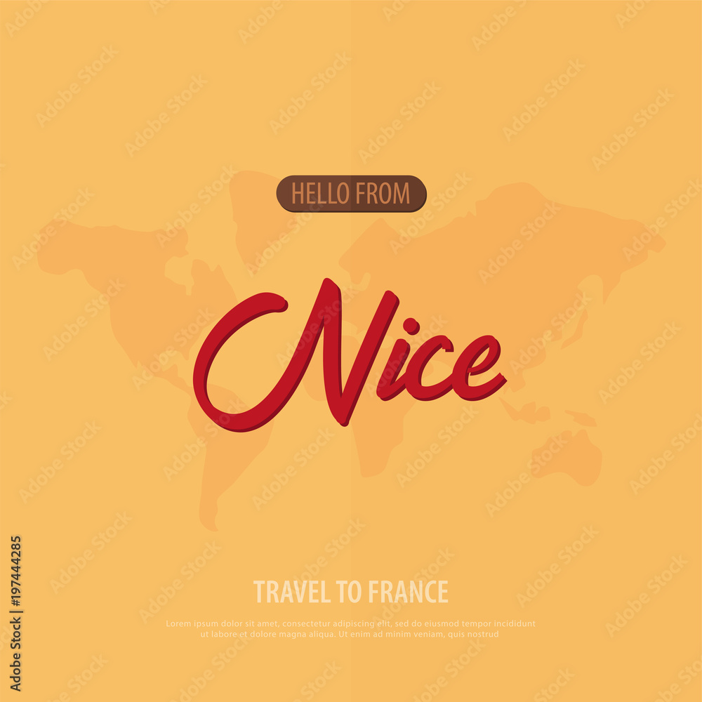 Hello from Nice. Travel to France. Touristic greeting card. Vector illustration