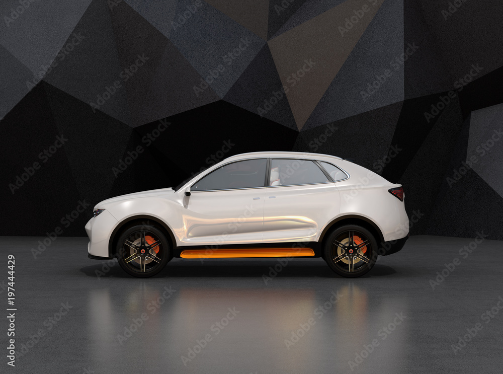 Side view of white self-driving electric SUV on black geometric background. 3D rendering image.