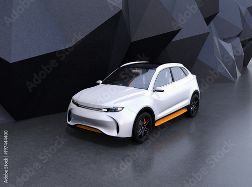 White self-driving electric SUV on black geometric background. 3D rendering image. © chesky