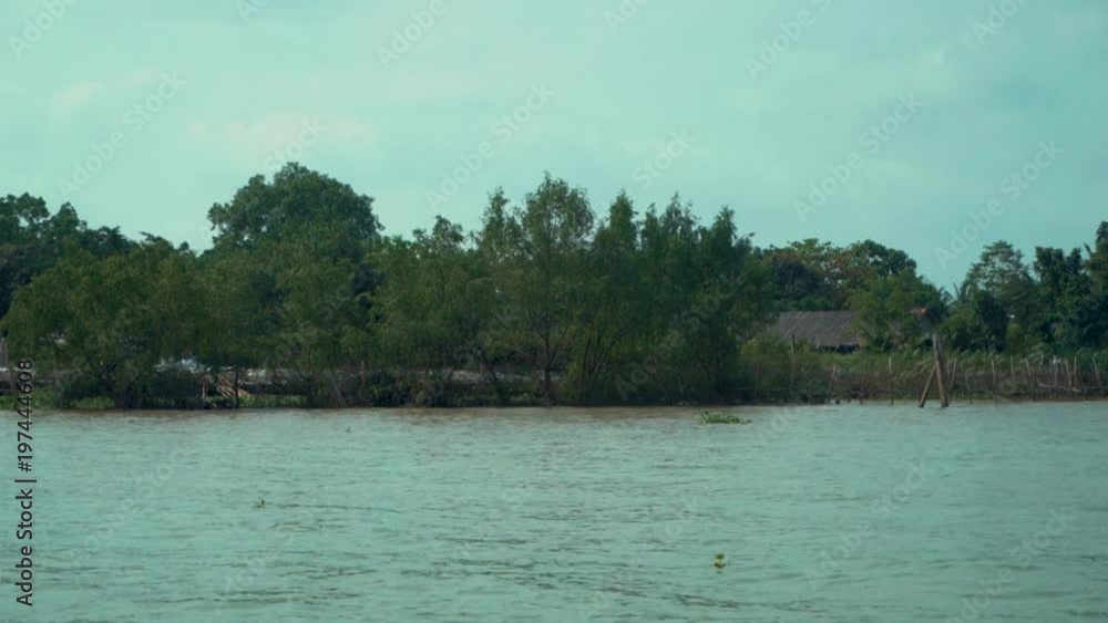View of the riverbank from a boat sailing by on the Mekong River