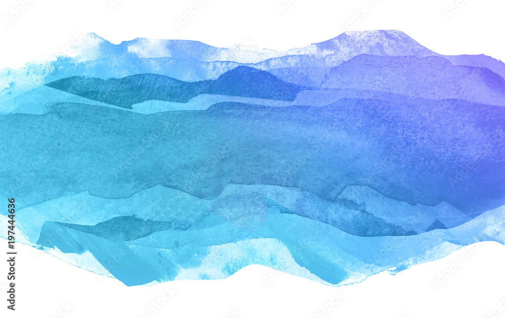 blue multilayer watercolor strip against white background. water divergent transparent sea wave For design element with place for text.