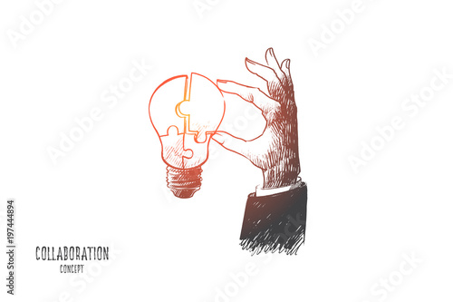 Collaboration concept. Hand drawn light bulb in human hand. part of puzzle as symbol of co-working and team isolated vector illustration.