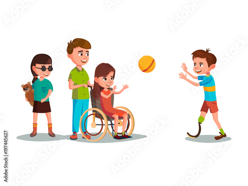 Vector cartoon disabled teen kids characters with restriction of movement playing using medical equipment set. Girl in wheelchair playing boy with leg prosthesis, blind female character with bear toy.