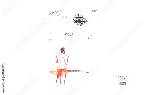 Drone concept. Hand drawn man with remote control and drone outdoor. Person flying drone with remote control isolated vector illustration.