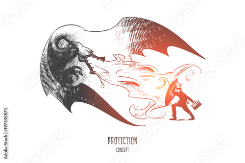 Protection concept. Hand drawn businessman with shield fighting against dragon. Saving business from crisis concept isolated vector illustration.