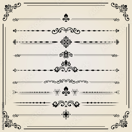 Vintage set of decorative elements. Horizontal separators in the frame. Collection of different ornaments. Classic pattern. Set of vintage patterns