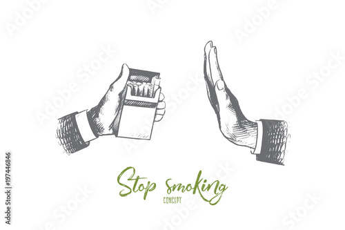 Stop smoking concept. Hand drawn person's hand reject cigarette. Cigarette pack in hand, gesture to reject proposal smoke isolated vector illustration.