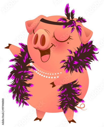 Pink pig in boa necklet sings karaoke