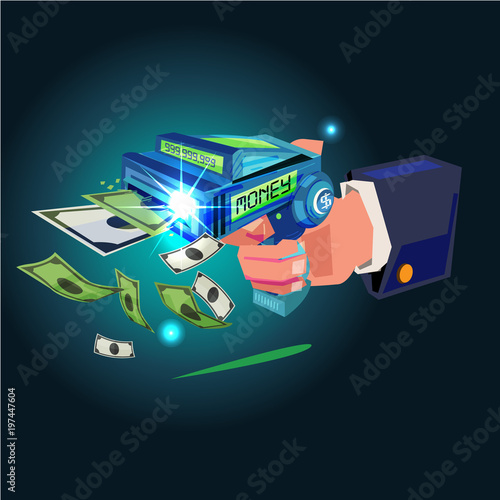 Money gun concept. businessman shooting gun for money banknote. auto money. make more money concept - vector