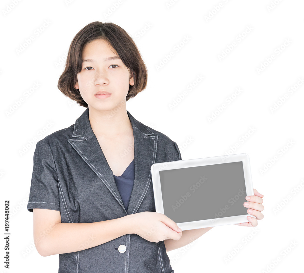 Woman holding up blank tablet computer Woman holding up blank tablet computer