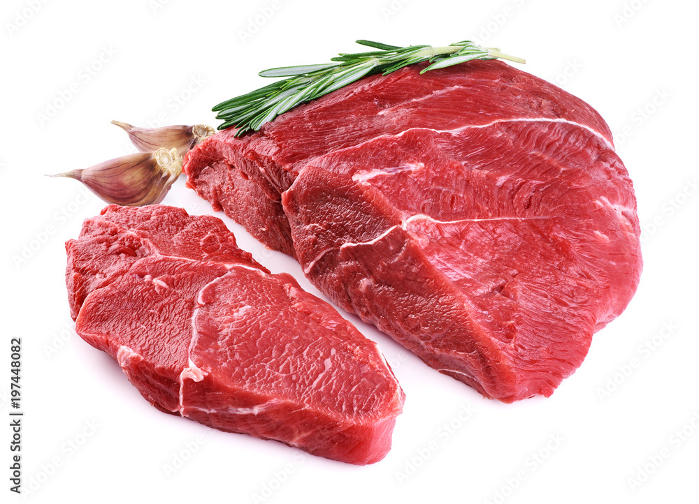 Raw beef meat, garlic and rosemary isolated on white background.