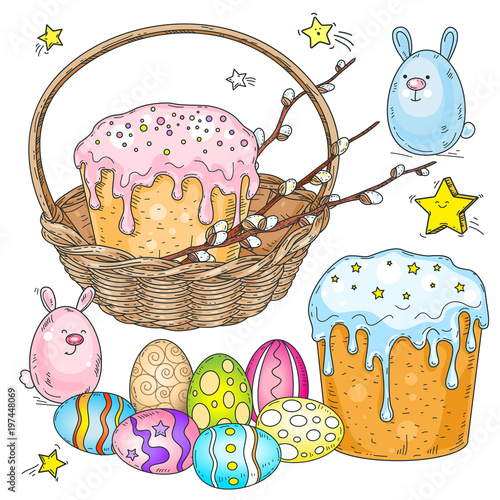 Easter set. Easter cake with willow branches in a wicker basket and painted Easter eggs