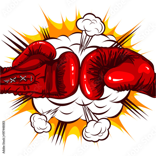 red Boxing gloves retro on the background of the cloud of explosion