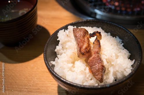 Yakiniku Wagyu beef on a rice, Takayama, Japan