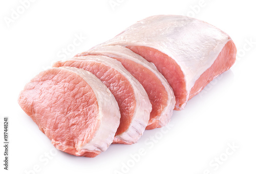 Raw sliced pork loin isolated on white background. Fresh meat.