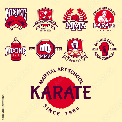 Set of cool fighting club emblems martial training champion graphic style punch sport fist karate vector illustration.