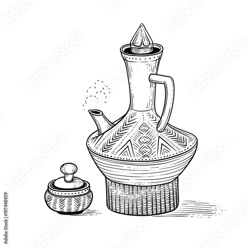 Ethiopian vintage coffeepot with a hot drink and figured pottery folk cup. National coffee ware. Vector sketch drawing engraving style. Illustration black and white items of coffee ceremony.