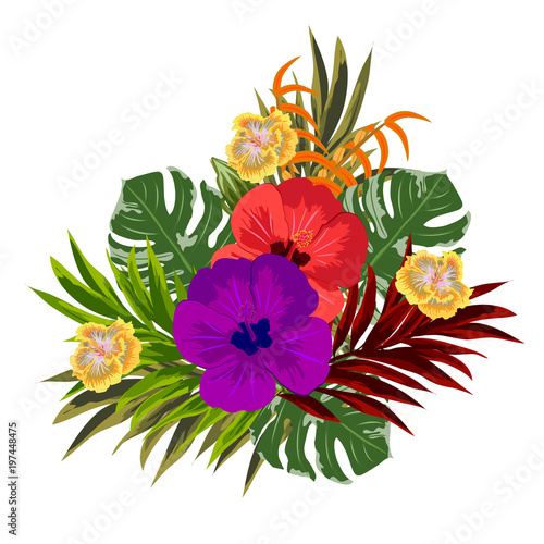 Tropical bouquet of hibiscus and exotic leaves. Decor elements for greeting cards, wedding invitations, birthday and other celebrations. Isolated on white background.