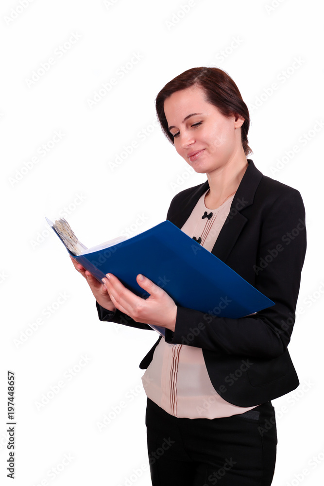 The business woman the brunette keeps the opened folder with documents in a jacket looks directly before herself, on the isolated white background. A portrait on a belt The business woman the brunette keeps the opened folder with documents in a jacket looks directly before herself, on the isolated white background. A portrait on a belt
