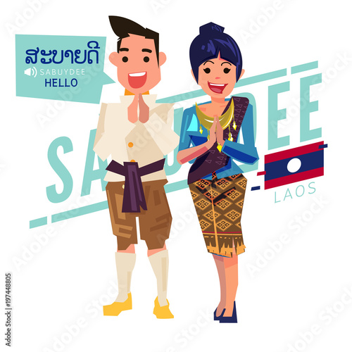 Male and female Laos in national costume put your hands together in a prayer position. say hello in LAOS "Sabuydee" character design - vector