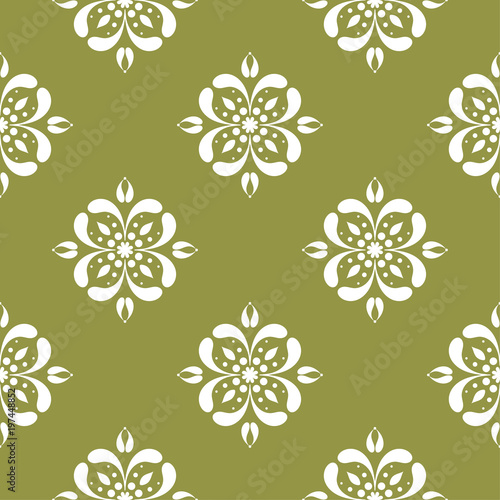 White floral seamless design on olive green background