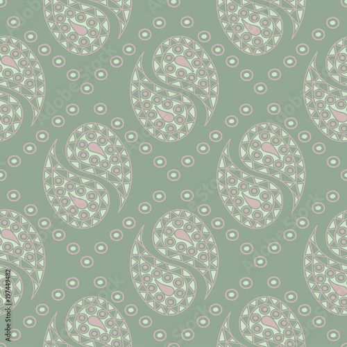Geometric dark green seamless background wth pink elements
