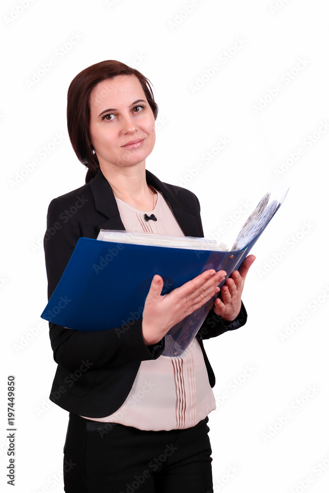 The business woman the brunette keeps the opened folder with documents in a jacket looks directly before herself, on the isolated white background. A portrait on a belt The business woman the brunette keeps the opened folder with documents in a jacket looks directly before herself, on the isolated white background. A portrait on a belt