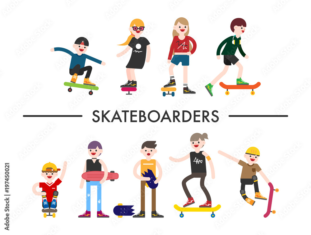skateboarder character. vector flat design illustration set 
