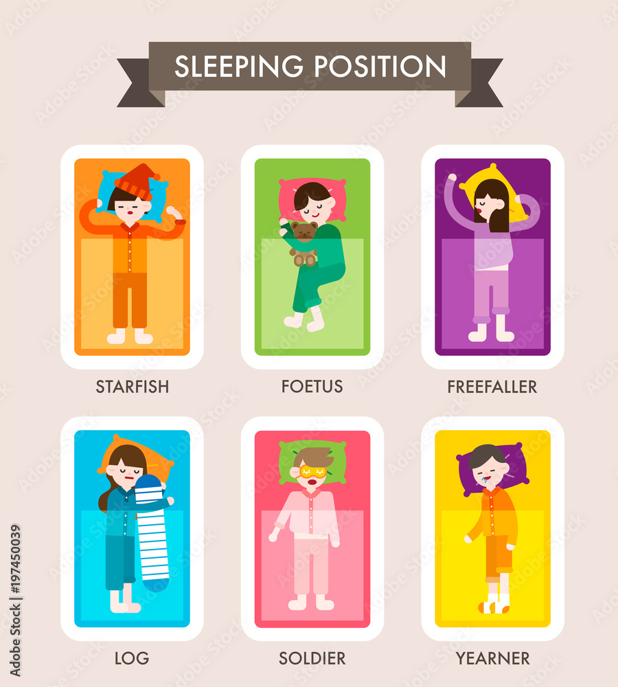 sleeping position information characters. vector flat design illustration set sleeping position information characters. vector flat design illustration set