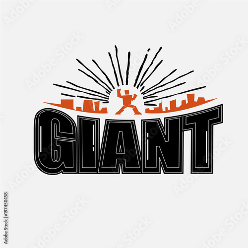 Giant typographic. Robot with city in background. Giant logo concept. template for logo - vector