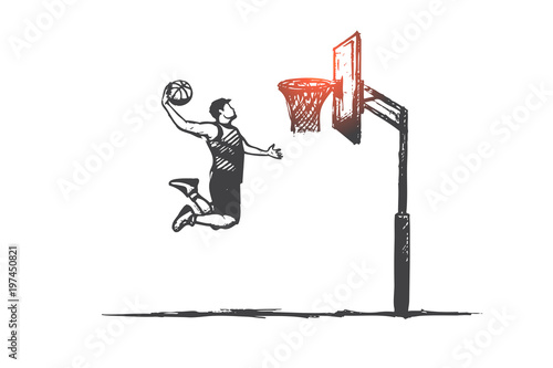 Basketball concept. Hand drawn player with ball jumping. Man playing in basketball isolated vector illustration.