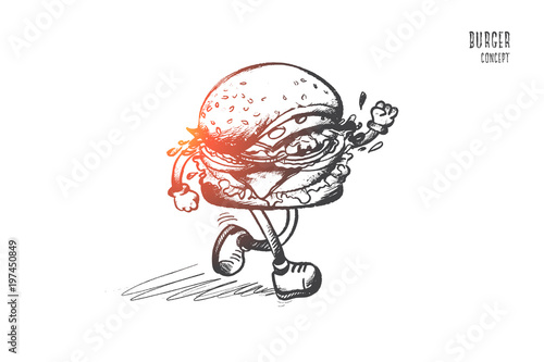 Burger concept. Hand drawn burger is running. Unhealthy food with meat, cheese, salad, bun isolated vector illustration.