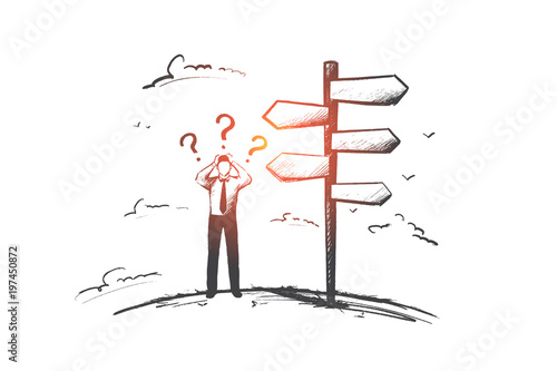 Businessman before choice concept. Hand drawn person had to make a decision. Man has to decide isolated vector illustration.