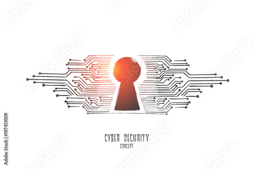 Cyber security concept. Hand drawn digital keyhole as symbol of cyber security. Safety in internet technology isolated vector illustration.