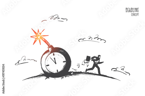 Deadline concept. Hand drawn businessman do urgent job in stress. Person running fast to do work in time isolated vector illustration.