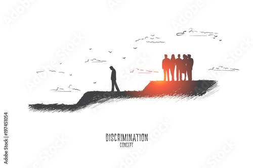 Discrimination concept. Hand drawn crowd of people expels one man from their community. Gossip people against one person isolated vector illustration.