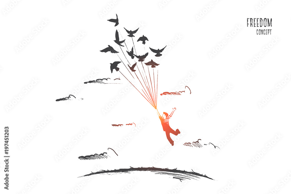 Freedom concept. Hand drawn person flying with birds. Emotion of