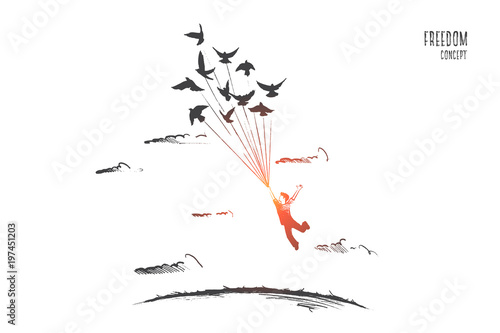 Fototapeta Naklejka Na Ścianę i Meble -  Freedom concept. Hand drawn person flying with birds. Emotion of freedom and happiness isolated vector illustration.