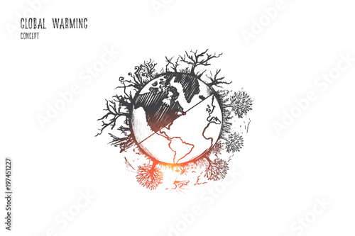 Global warming concept. Hand drawn effect of arid land with tree changing environment. Dead trees as result of climate change isolated vector illustration.