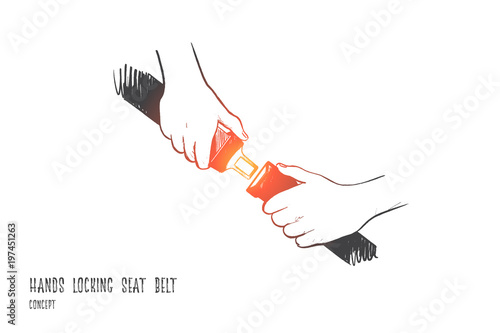 Fasten seat belt concept. Hand drawn hands locking seat belt. Protection of passenger during traffic isolated vector illustration.