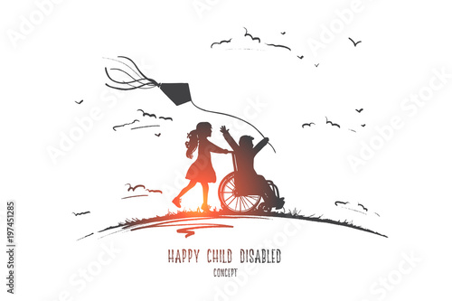 Happy child disabled concept. Hand drawn little girl pushing boy in wheel chair. Disabled has fun outside isolated vector illustration.