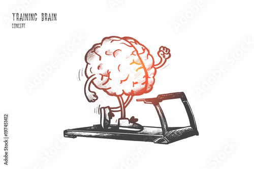 Training brain concept. Hand drawn human brain training on running track. Improving intellect skills isolated vector illustration.