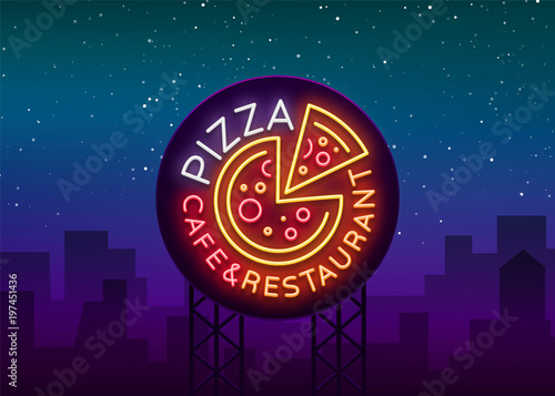 Pizza logo in neon style. Neon sign, emblem on Italian food. Pizza cafe, restaurant, fast food, dining room, pizzeria. Bright banner, night shining pizza advertisement. Vector illustration