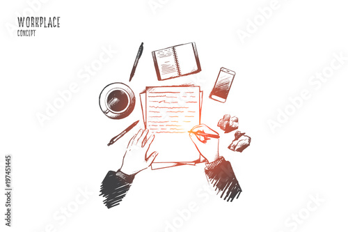 Workplace concept. Hand drawn top view of person writing in notepad placed on table. Desktop with a coffee cup, smartphone and other supplies isolated vector illustration.