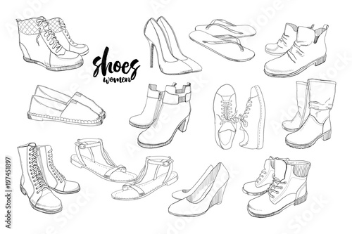 illustration of Set hand drawn graphic Men and women Footwear, shoes. Casual and sport style, gumshoes. Moccasins, sneakers, boots, pumps. Doodle, drawing Design isolated object.