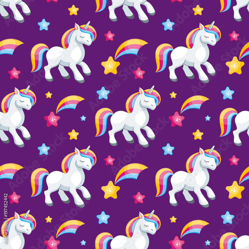 Fairy children seamless pattern with the image of cute unicorns. Colorful vector background in cartoon style.