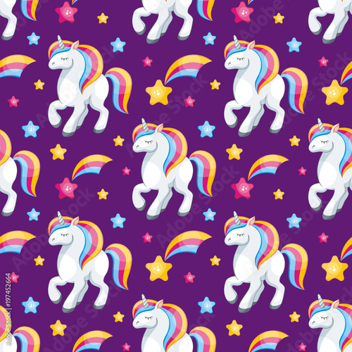 Fairy children seamless pattern with the image of cute unicorns. Colorful vector background in cartoon style.